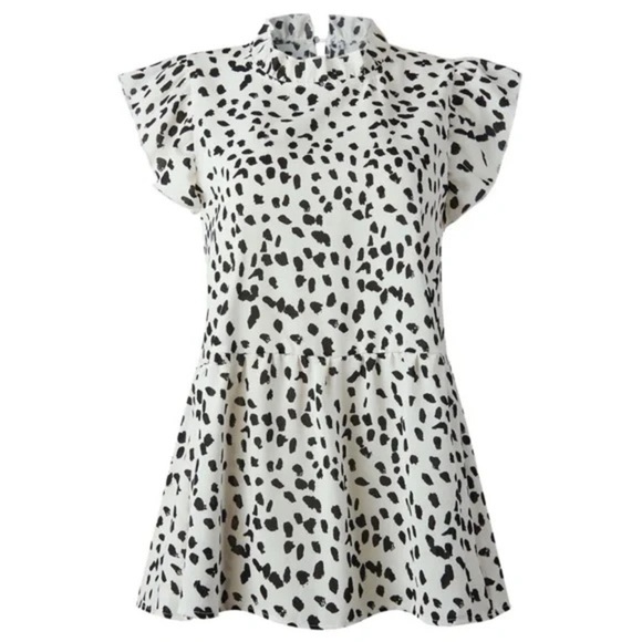 entro Tops - ENTRO • Ruffled Sleeve Button Closure Polka Dots Leopard Printed Pleated Shirt